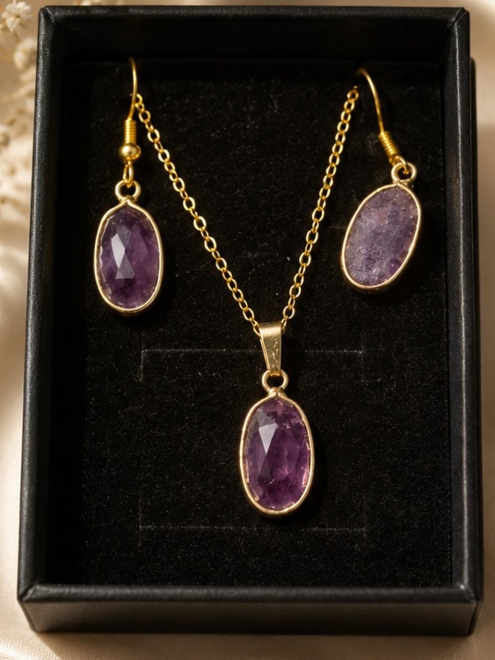 New Gold-Plated Amethyst Oval Pendant Necklace & Earrings Set